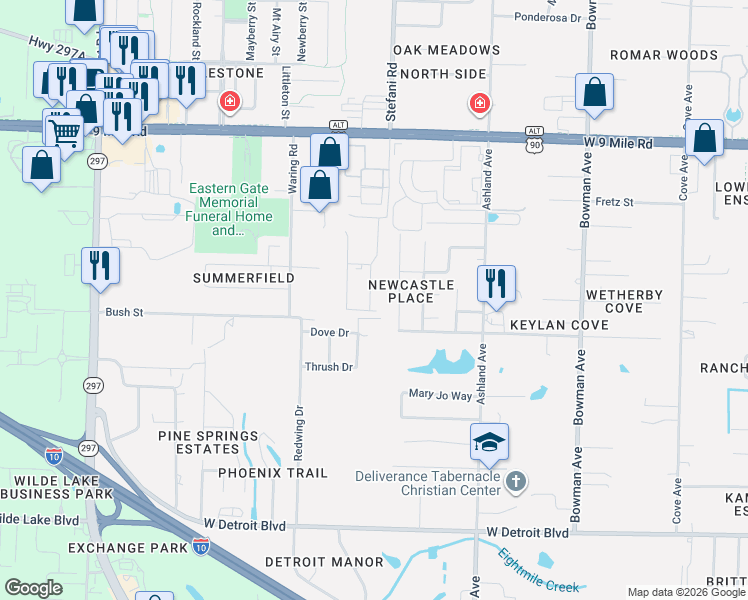 map of restaurants, bars, coffee shops, grocery stores, and more near 8873 Brigade Trail in Pensacola