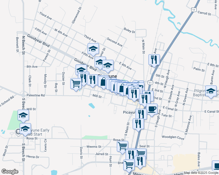 map of restaurants, bars, coffee shops, grocery stores, and more near 400-498 Williams Avenue in Picayune