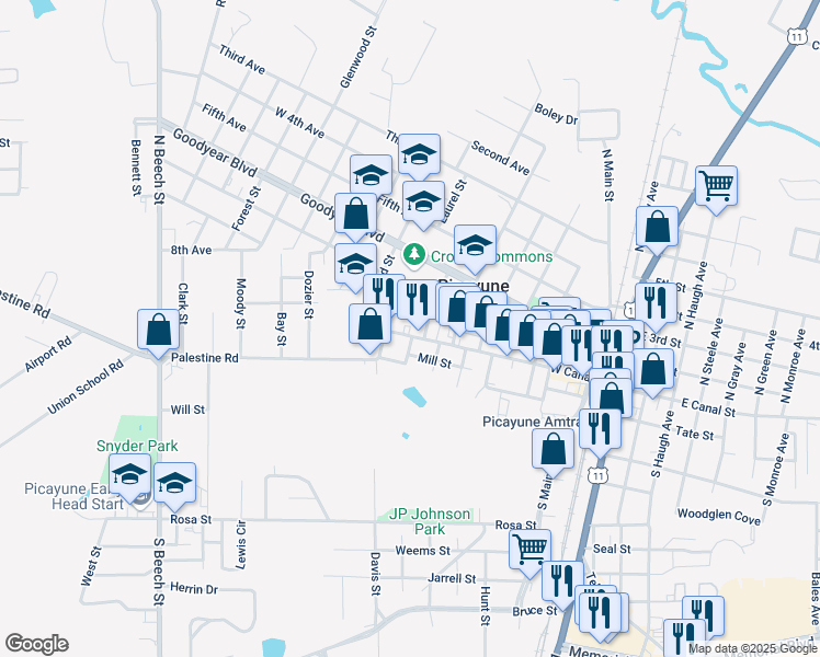 map of restaurants, bars, coffee shops, grocery stores, and more near 714 West Canal Street in Picayune