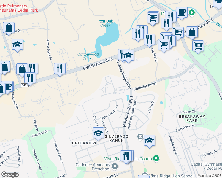map of restaurants, bars, coffee shops, grocery stores, and more near 701 North Vista Ridge Boulevard in Cedar Park