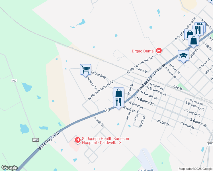 map of restaurants, bars, coffee shops, grocery stores, and more near 1520 West Old San Antonio Road in Caldwell
