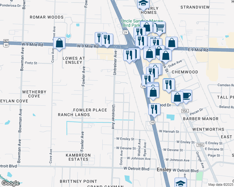 map of restaurants, bars, coffee shops, grocery stores, and more near Riley Road in Ensley