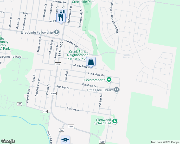 map of restaurants, bars, coffee shops, grocery stores, and more near 407 Luna Vista Drive in Hutto