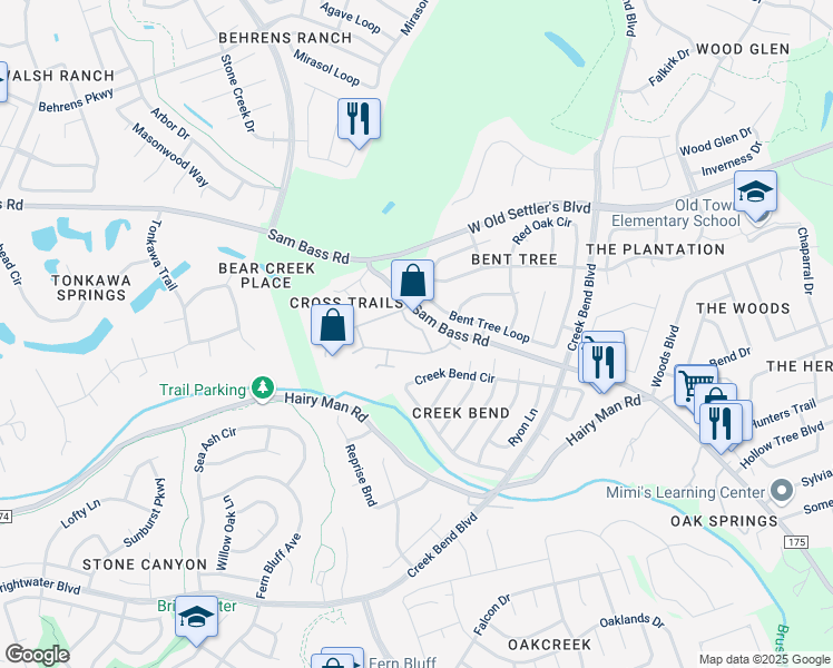 map of restaurants, bars, coffee shops, grocery stores, and more near 2595 Sam Bass Road in Round Rock