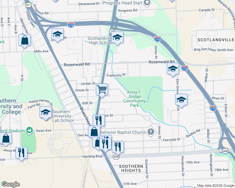 map of restaurants, bars, coffee shops, grocery stores, and more near 1551 Cardinal Street in Baton Rouge