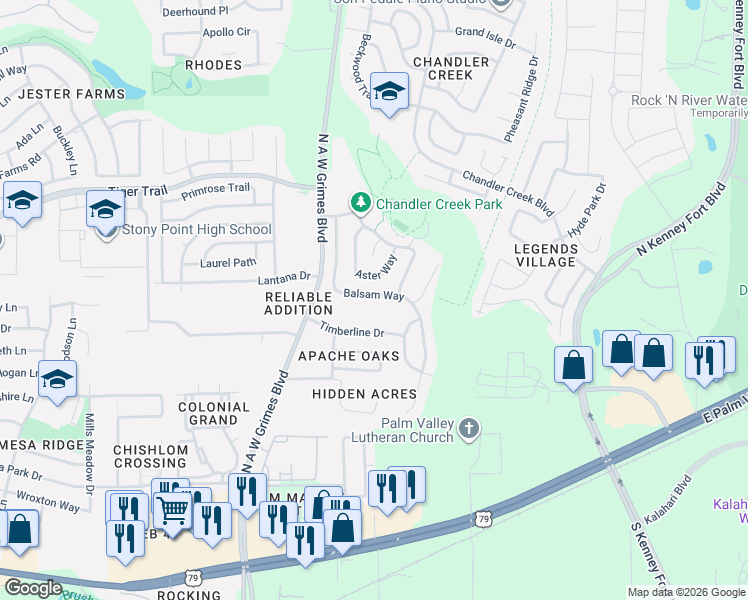 map of restaurants, bars, coffee shops, grocery stores, and more near 1910 Balsam Way in Round Rock