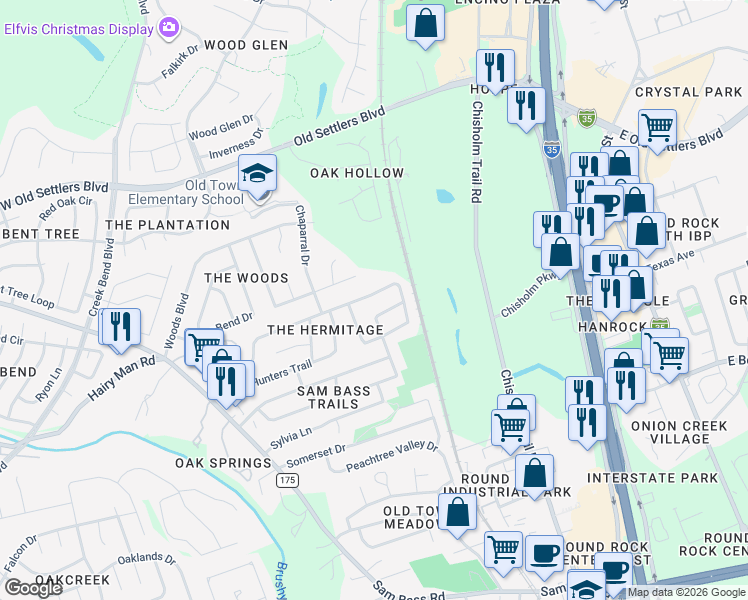 map of restaurants, bars, coffee shops, grocery stores, and more near 1511 Hermitage Drive in Round Rock
