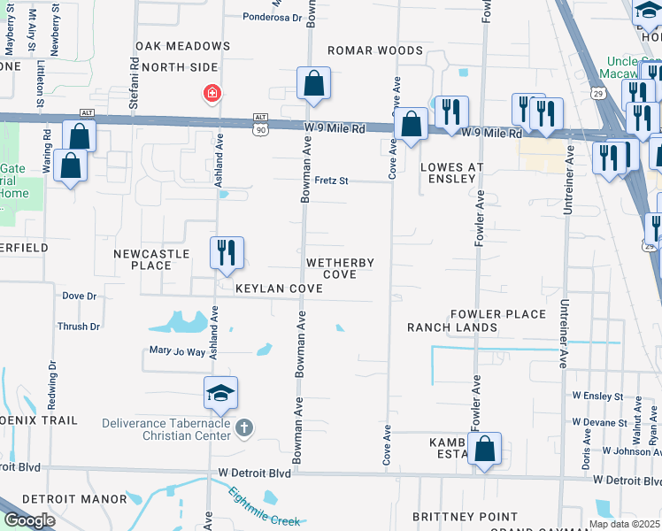 map of restaurants, bars, coffee shops, grocery stores, and more near 8903 Fullham Court in Pensacola