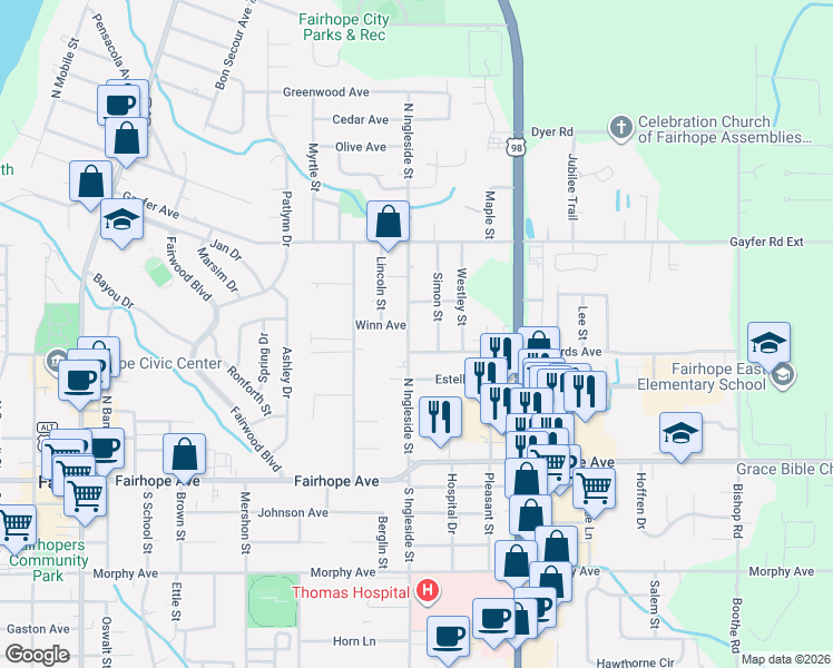 map of restaurants, bars, coffee shops, grocery stores, and more near 207 Simon Street in Fairhope