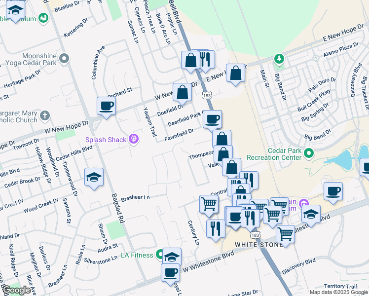 map of restaurants, bars, coffee shops, grocery stores, and more near 217 Thompson Street in Cedar Park