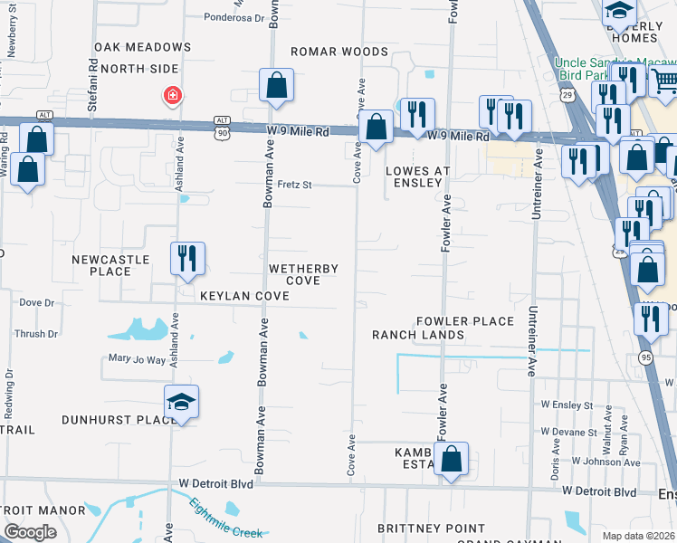 map of restaurants, bars, coffee shops, grocery stores, and more near 1198 Wetherby Road in Pensacola