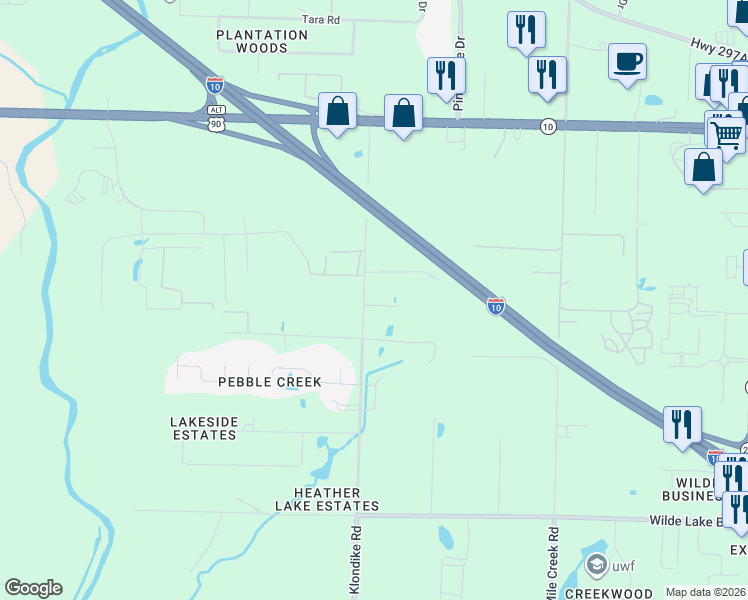 map of restaurants, bars, coffee shops, grocery stores, and more near 8900 Klondike Road in Pensacola