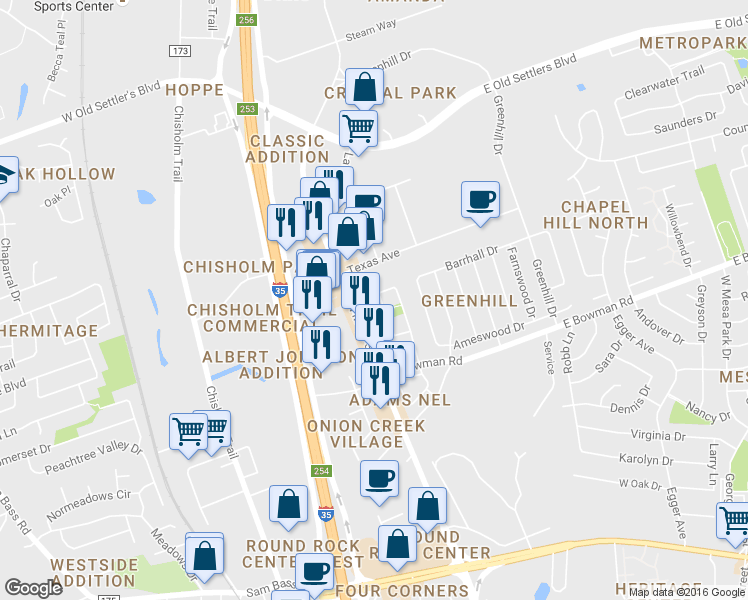 map of restaurants, bars, coffee shops, grocery stores, and more near in Round Rock