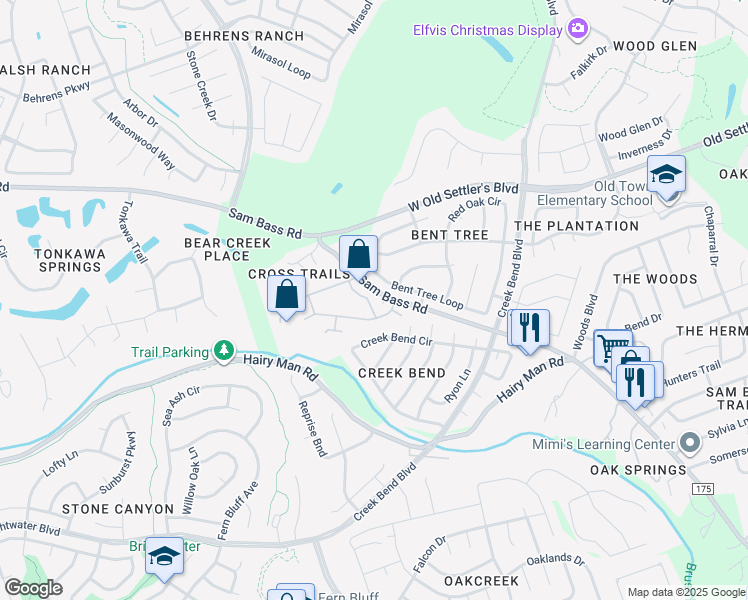 map of restaurants, bars, coffee shops, grocery stores, and more near 2595 Sam Bass Road in Round Rock
