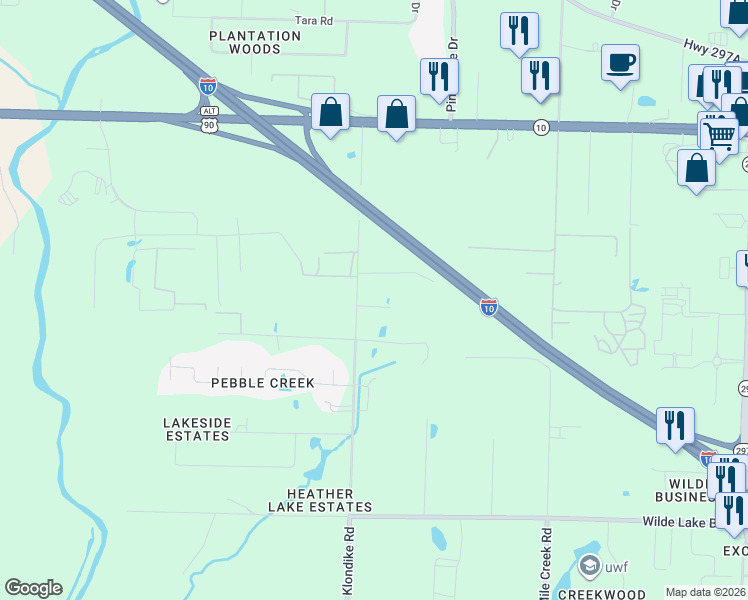 map of restaurants, bars, coffee shops, grocery stores, and more near 8900 Klondike Road in Pensacola