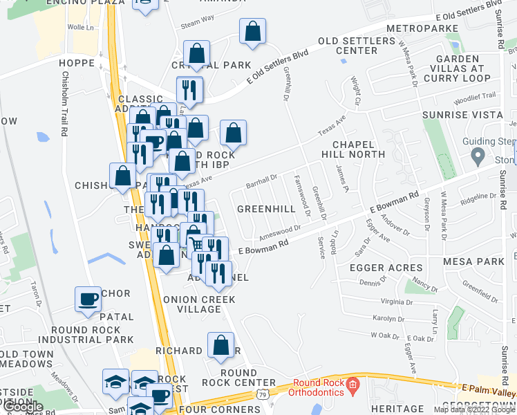 map of restaurants, bars, coffee shops, grocery stores, and more near 1901 Cameo Drive in Round Rock