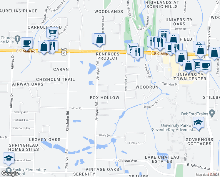 map of restaurants, bars, coffee shops, grocery stores, and more near 8710 Ramble Woods Drive in Pensacola