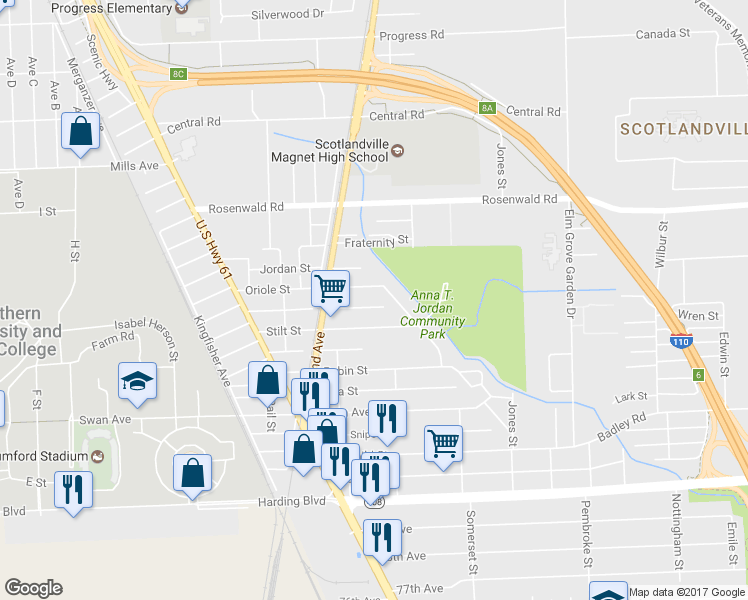 map of restaurants, bars, coffee shops, grocery stores, and more near 1551 Cardinal Street in Baton Rouge