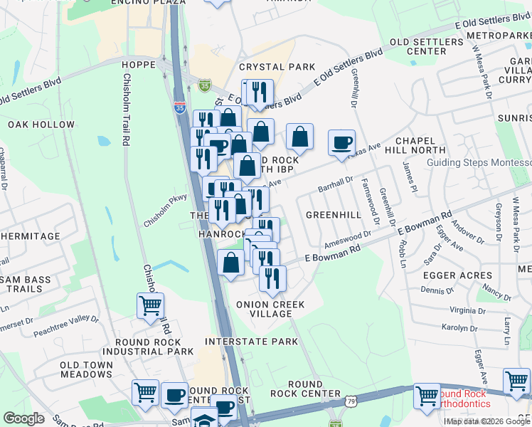 map of restaurants, bars, coffee shops, grocery stores, and more near 1922 Nicole Circle in Round Rock