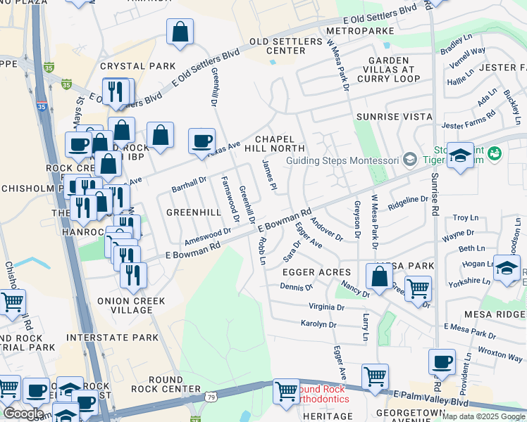 map of restaurants, bars, coffee shops, grocery stores, and more near 504 Ameswood Place in Round Rock
