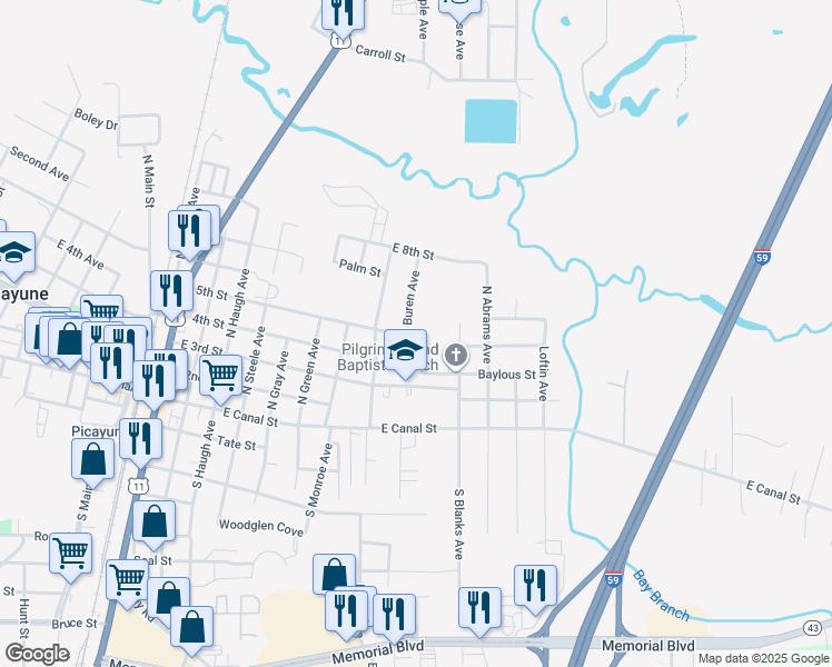 map of restaurants, bars, coffee shops, grocery stores, and more near 901-999 5th St in Picayune