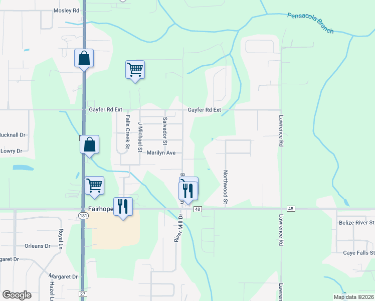map of restaurants, bars, coffee shops, grocery stores, and more near 20780 Blueberry Lane in Fairhope