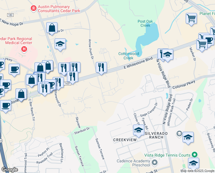 map of restaurants, bars, coffee shops, grocery stores, and more near 800 Arrow Point Drive in Cedar Park