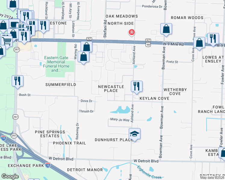 map of restaurants, bars, coffee shops, grocery stores, and more near in Ensley