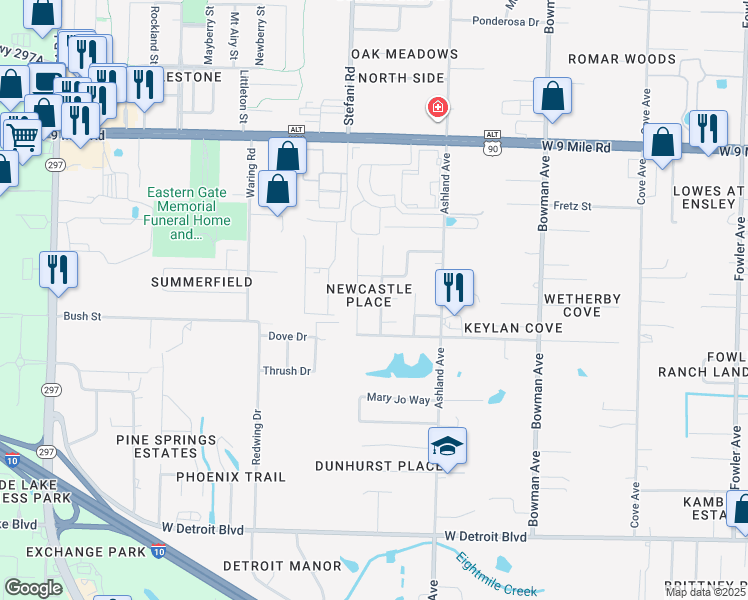 map of restaurants, bars, coffee shops, grocery stores, and more near in Ensley