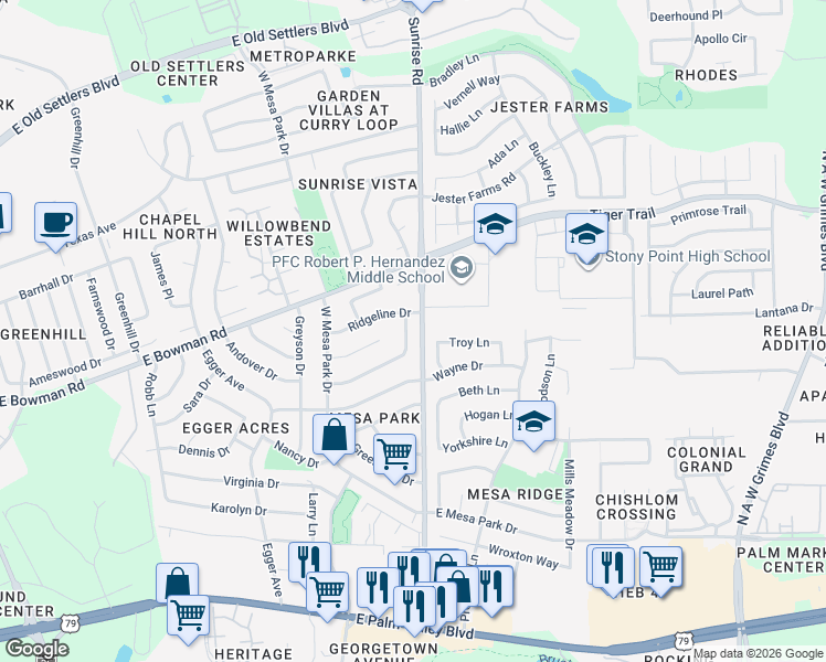 map of restaurants, bars, coffee shops, grocery stores, and more near 1115 Long Meadow Drive in Round Rock
