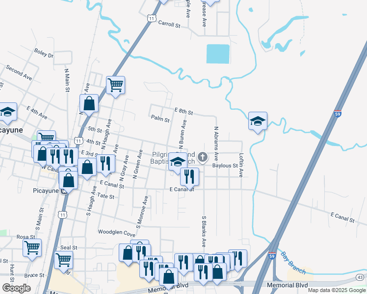 map of restaurants, bars, coffee shops, grocery stores, and more near 901 5th Street in Picayune