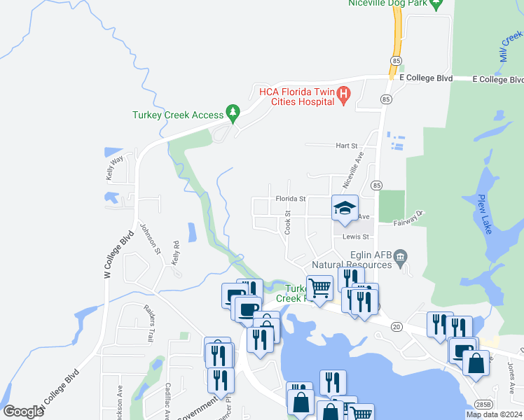 map of restaurants, bars, coffee shops, grocery stores, and more near 406 Nathey Street in Niceville