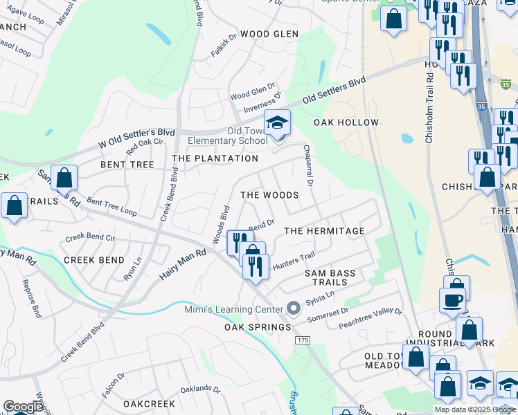 map of restaurants, bars, coffee shops, grocery stores, and more near 1809 Gray Oak Drive in Round Rock