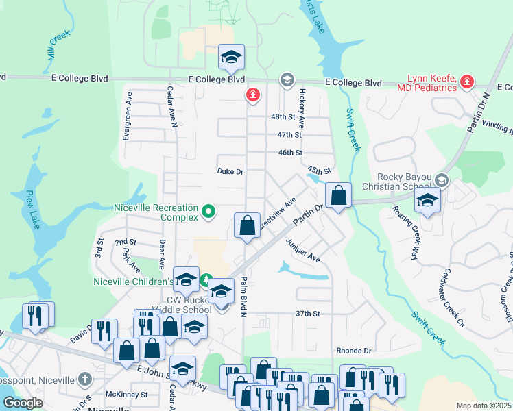 map of restaurants, bars, coffee shops, grocery stores, and more near 212 Palm Boulevard North in Niceville