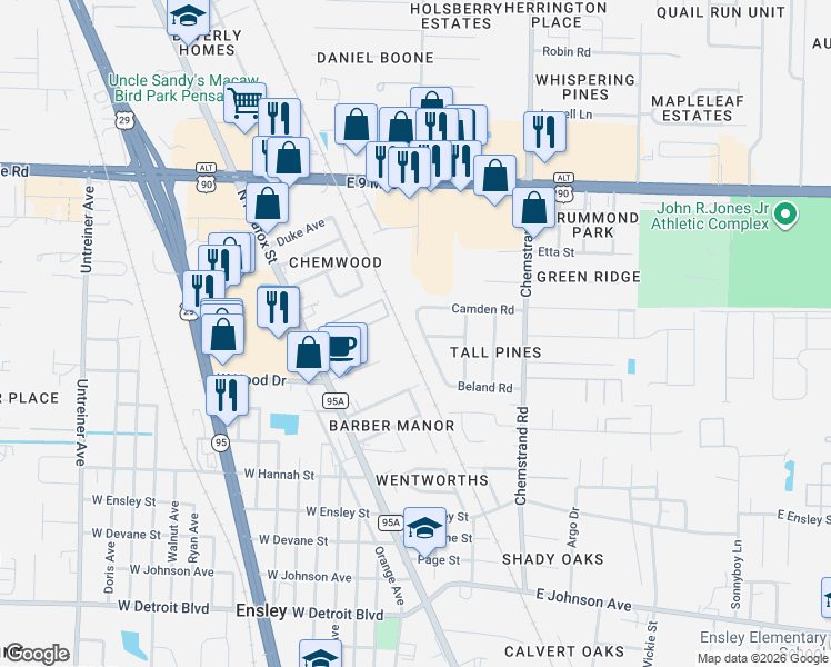 map of restaurants, bars, coffee shops, grocery stores, and more near 105 Beland Road in Pensacola