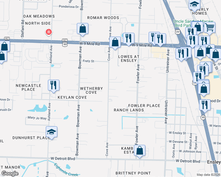 map of restaurants, bars, coffee shops, grocery stores, and more near 9060 Cove Avenue in Pensacola