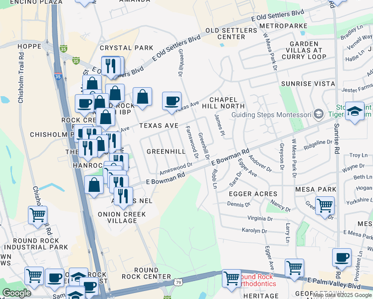 map of restaurants, bars, coffee shops, grocery stores, and more near 1902 Easton Drive in Round Rock