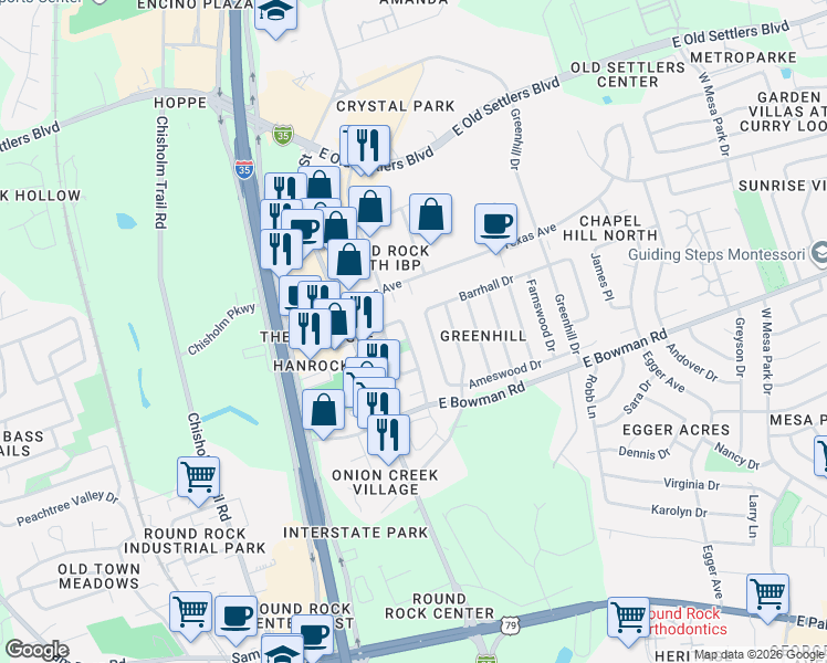map of restaurants, bars, coffee shops, grocery stores, and more near in Round Rock