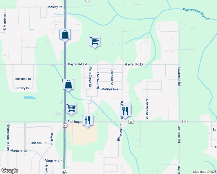 map of restaurants, bars, coffee shops, grocery stores, and more near 112 Marilyn Avenue in Fairhope