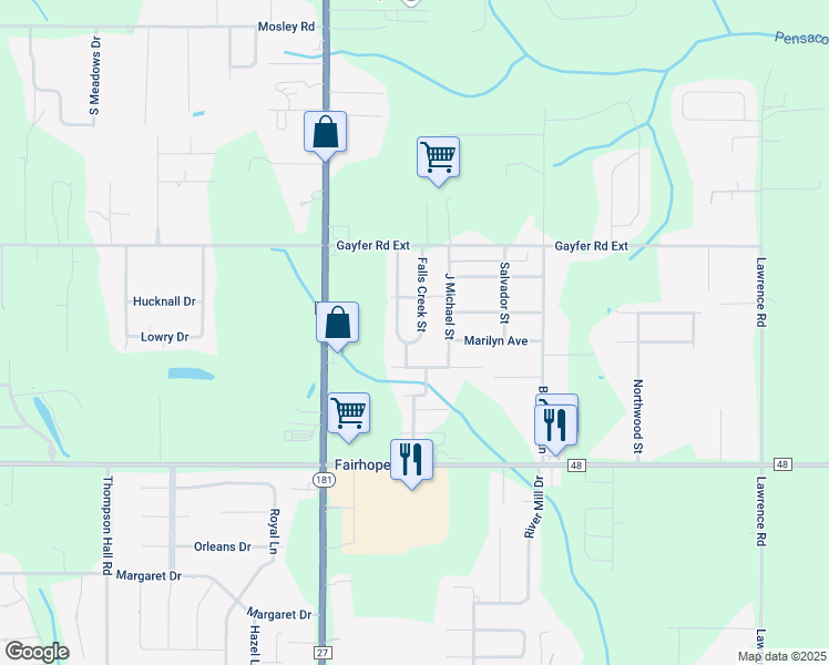map of restaurants, bars, coffee shops, grocery stores, and more near 234 Falls Creek Street in Fairhope