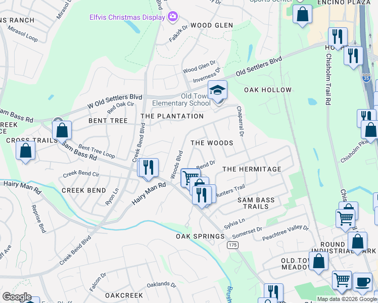 map of restaurants, bars, coffee shops, grocery stores, and more near 1814 Overcup Drive in Round Rock