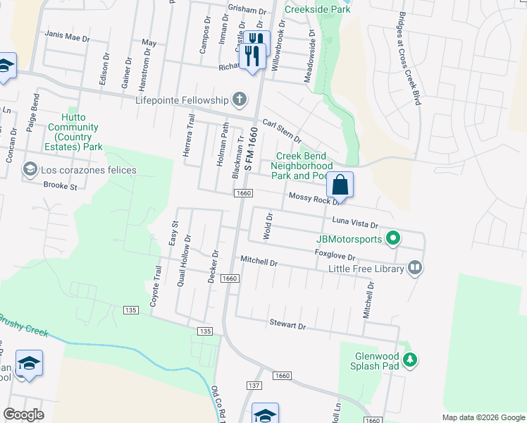 map of restaurants, bars, coffee shops, grocery stores, and more near 126 Luna Vista Drive in Hutto
