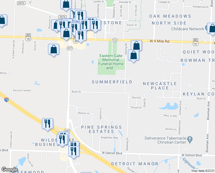 map of restaurants, bars, coffee shops, grocery stores, and more near 1941 Larkspur Circle in Pensacola