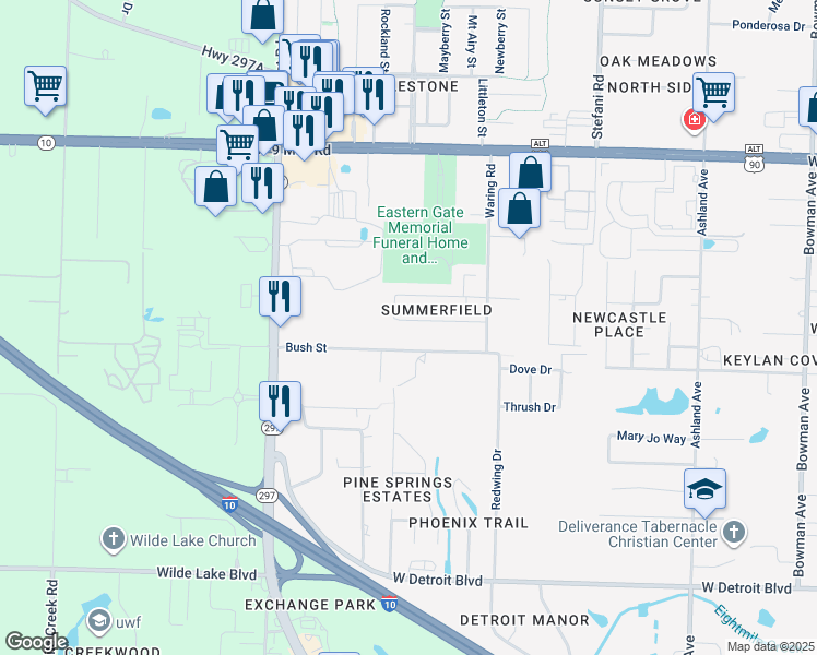 map of restaurants, bars, coffee shops, grocery stores, and more near 1949 Larkspur Circle in Pensacola