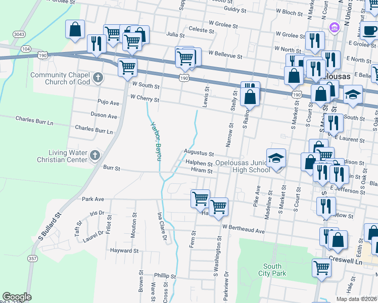 map of restaurants, bars, coffee shops, grocery stores, and more near 827 Aaron Kimble Avenue in Opelousas