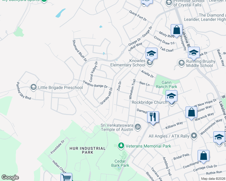 map of restaurants, bars, coffee shops, grocery stores, and more near 2228 Granite Hill Drive in Leander