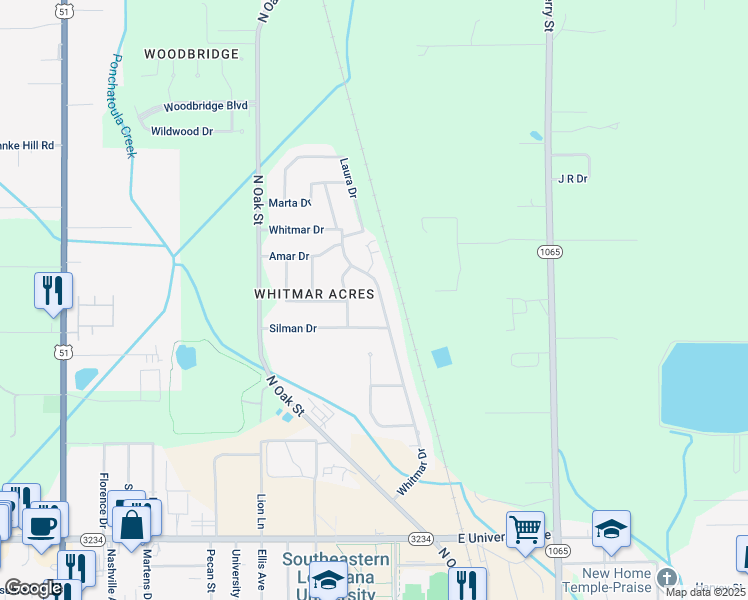 map of restaurants, bars, coffee shops, grocery stores, and more near 51 Whitmar Drive in Hammond