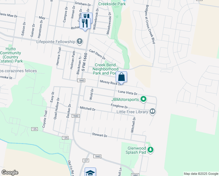 map of restaurants, bars, coffee shops, grocery stores, and more near 317 Luna Vista Drive in Hutto