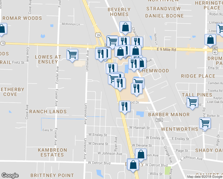 map of restaurants, bars, coffee shops, grocery stores, and more near 8959 Pensacola Blvd in Pensacola