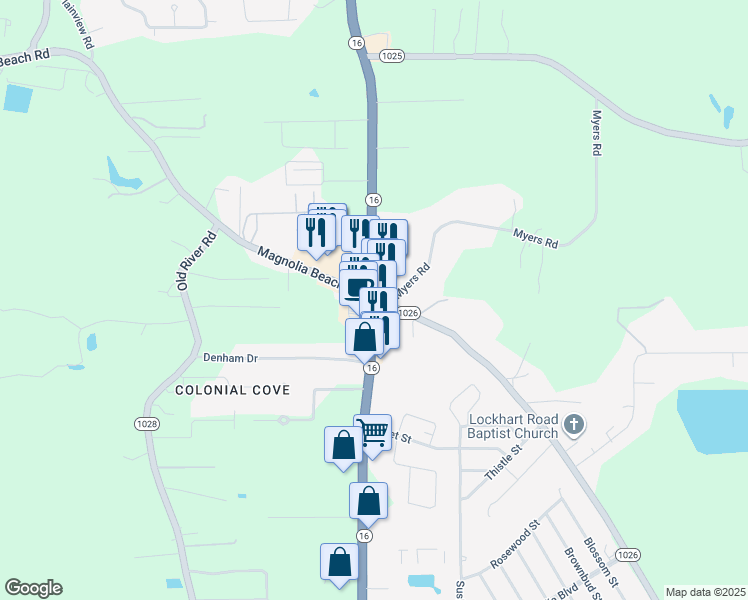 map of restaurants, bars, coffee shops, grocery stores, and more near 8777 Lockhart Road in Denham Springs